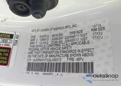 2016 Honda Cr-V Exl z USA, uszkodzony, nr VIN 5J6RM3H70GL000372